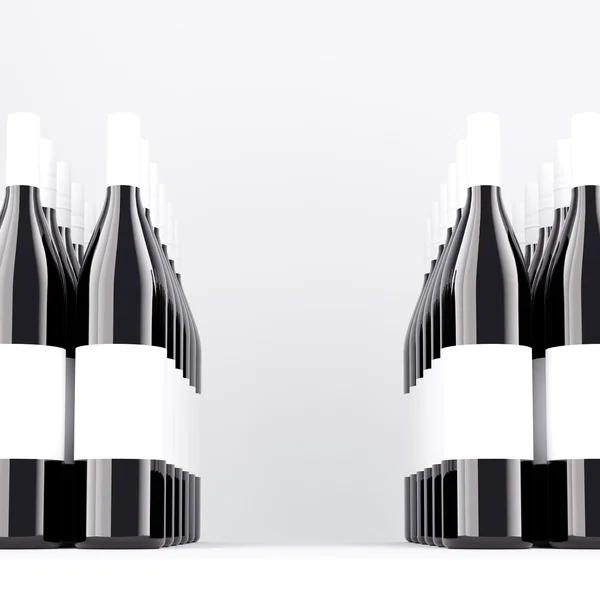 Rows of wine bottles, space between them, blank labels on them. Dark glass. Concept of bottling wine. Mock up. 3D rendering. — Stock Photo, Image