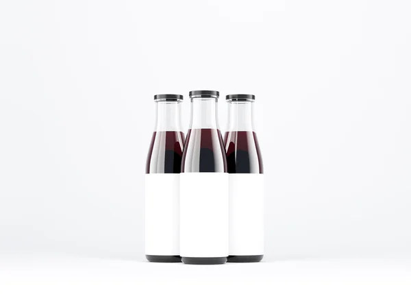 Tre bottiglie di vino con il collo largo, con etichette bianche. Bicchiere bianco. Concetto di imbottigliamento del vino. Scherza. Rendering 3D . — Foto Stock