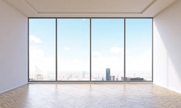 Panoramik pencereli boş ofis. Şehir manzarası. Yeni ofis kavramı. 3d render — Stok fotoğraf