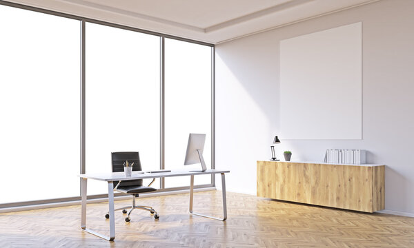 Office for one with table and closed shelf, white poster over it. Panoramic window. Concept of work. Mock up. 3D render