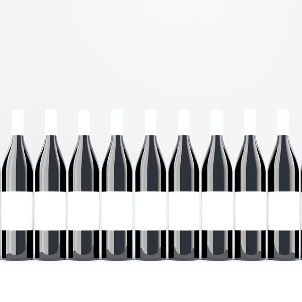 Row of wine bottles, blank labels on them. Dark glass. Concept of bottling wine. Mock up. 3D rendering. — Stock Photo, Image