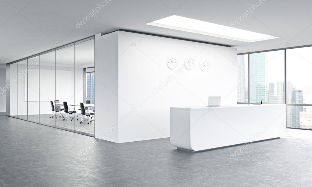 Empty office, white reception at white wall, three clocks on it. Panoramic window right, meeting room behind. Side view. Concept of reception. 3D rendering