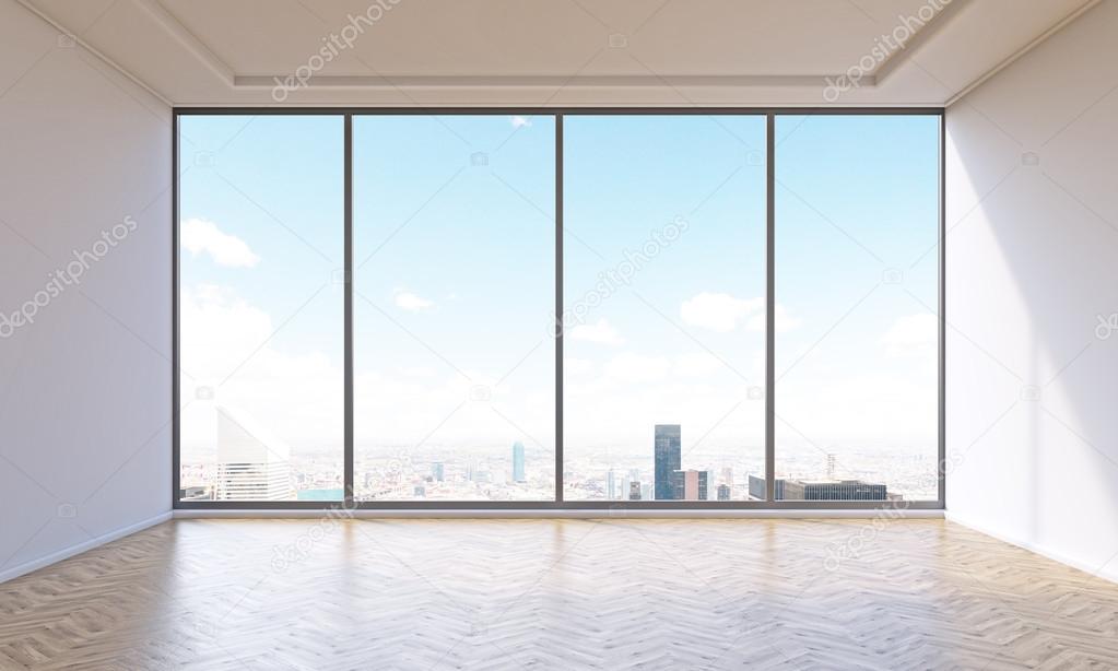 Empty office with panoramic window. City view. Concept of new office. 3D render