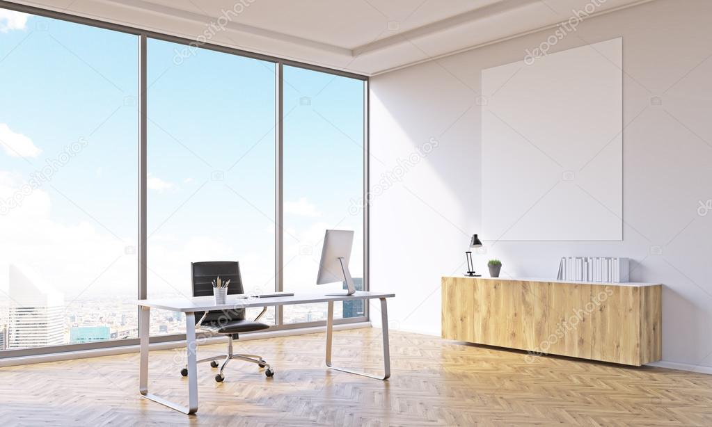 Office for one with table and closed shelf, white poster over it. Panoramic window. City view. Concept of work. Mock up. 3D render