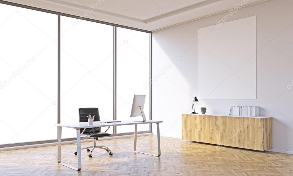 Office for one with table and closed shelf, white poster over it. Panoramic window. Concept of work. Mock up. 3D render