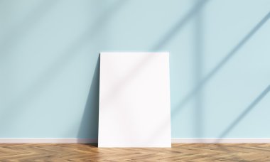 Mavi duvardaki beyaz çerçeve. Bir sanat konsepti. Model yap. 3B görüntüleme