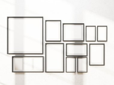 Duvarda birçok beyaz çerçeve. Sergi kavramı. Dalga geç. 3d render