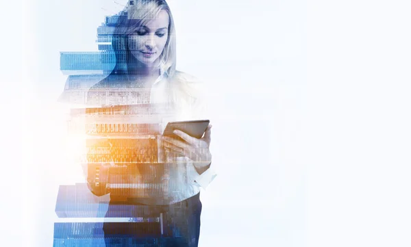 Businesswoman with tablet, office building. Double exposure — Stock Photo, Image