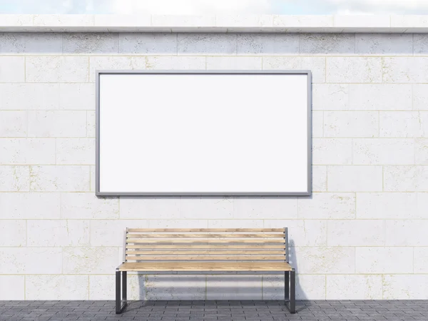 Blank banner over bench. Concrete background. Concept of street advertising. — Stock Photo, Image