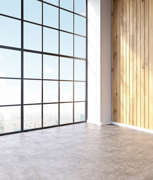 Salão vazio com janelas panorâmicas e paredes de madeira . — Fotografia de Stock