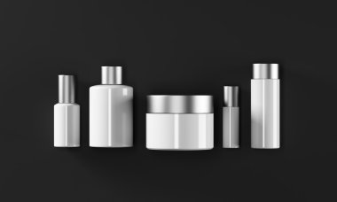 Row of cream boxes of different shapes. Black background. Concept of cosmetics. Mock up. 3D rendering