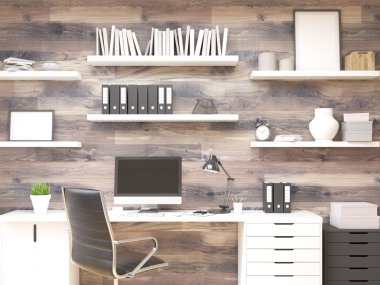 Bilgisayar masada, sandalye önde, raflarda eşyalar var. Ahşap duvar. İş kavramı. Dalga geç. 3d render