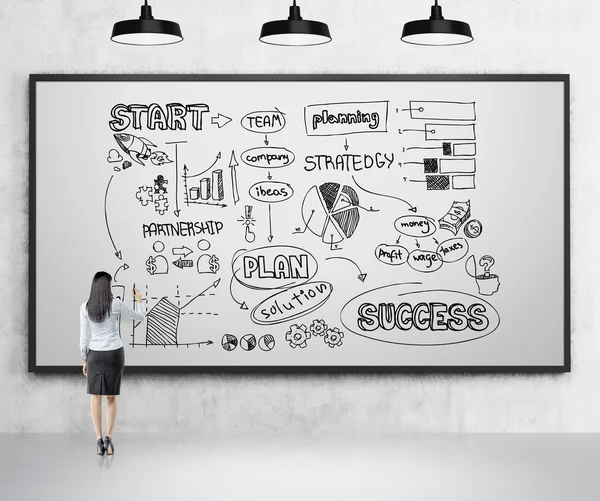 Geschäftsfrau zeichnet Geschäftsplan auf Whiteboard. Betonhintergrund, darüber drei Lampen. Rückseite. Konzept der Existenzgründung. — Stockfoto