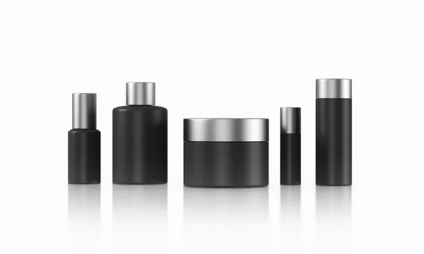 Row of black cream boxes of different shapes. White background. Concept of cosmetics. Mock up. 3D rendering — 스톡 사진