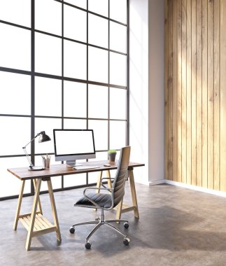 Workplace with computer and castor chair, hall with panoramic windows and wooden walls. Loft. Concept of new office. Mock up. 3D rendering