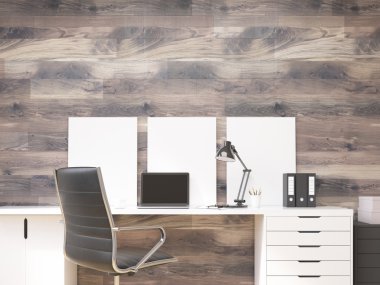 Masada üç boş çerçeve, sandalye. Ahşap duvar. Dekorasyon kavramı. Dalga geç. 3d render