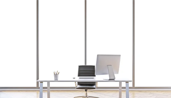 Table with computer for one, office. Panoramic window behind. — Stock Photo, Image