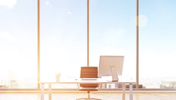 Table with computer for one, office. Panoramic window behind, blue sky and city view. Toned, filter. Concept of work. 3D rendering — Stock Photo, Image