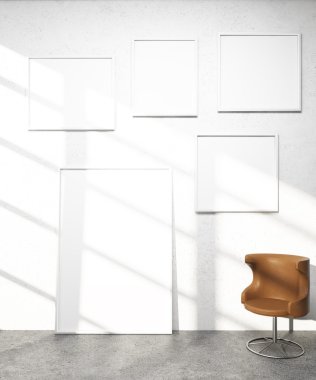 Beyaz çerçeveli beyaz çerçeveler, duvarda beyaz sandalye. Sanat anlayışı. Model yap. 3B görüntüleme