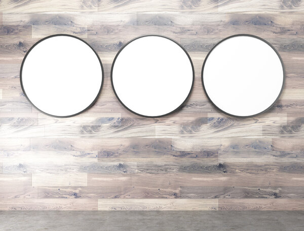 Три пустые круглые рамы на деревянной стене. Концепция оформления. Нарисуй. 3D рендеринг

