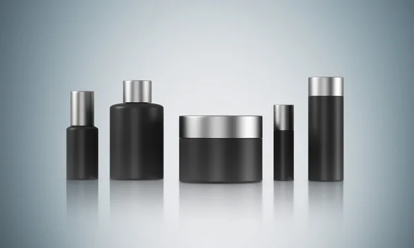 Fila de cajas de crema negra de diferentes formas. Fondo gris. Concepto de cosmética. Prepárate. Renderizado 3D — Foto de Stock