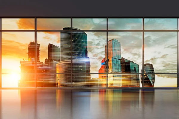 Moskauer Stadtblick durch das Bürofenster, Sonnenuntergang. Filter, getönt. Konzept des Business Centers. 3D-Darstellung — Stockfoto