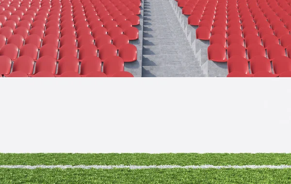 Bandera en blanco alrededor del terreno de juego, asientos rojos, pasillo entre ellos. Vista frontal. Concepto de publicidad deportiva. Prepárate. Renderizado 3D — Foto de Stock