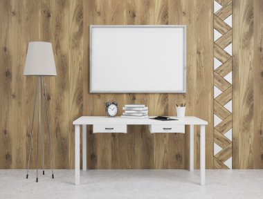 Masa üzerinde ahşap duvarda dikdörtgen çerçeve, solda standart lamba. Dekorasyon kavramı. Dalga geç. 3d render