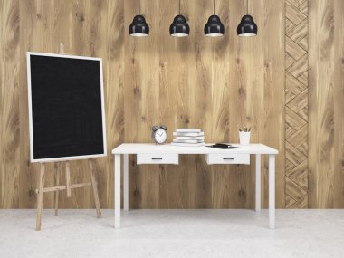 Masada taşınabilir tahta, yukarıda dört lamba. Ahşap duvar. Dekorasyon kavramı. Dalga geç. 3d render