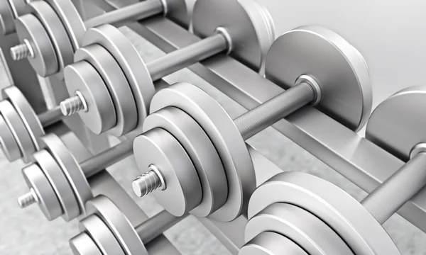 Hanteln gleichen Gewichts im Fitnessstudio. Ausbildungskonzept. 3D-Darstellung — Stockfoto