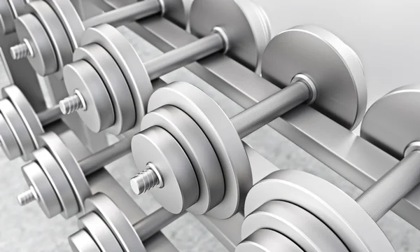 Dumbbells van hetzelfde gewicht in de sportschool. Opleidings concept. 3D-rendering — Stockfoto