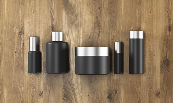 Row of black cream boxes of different shapes. Wooden background. Concept of cosmetics. Mock up. 3D rendering — ストック写真