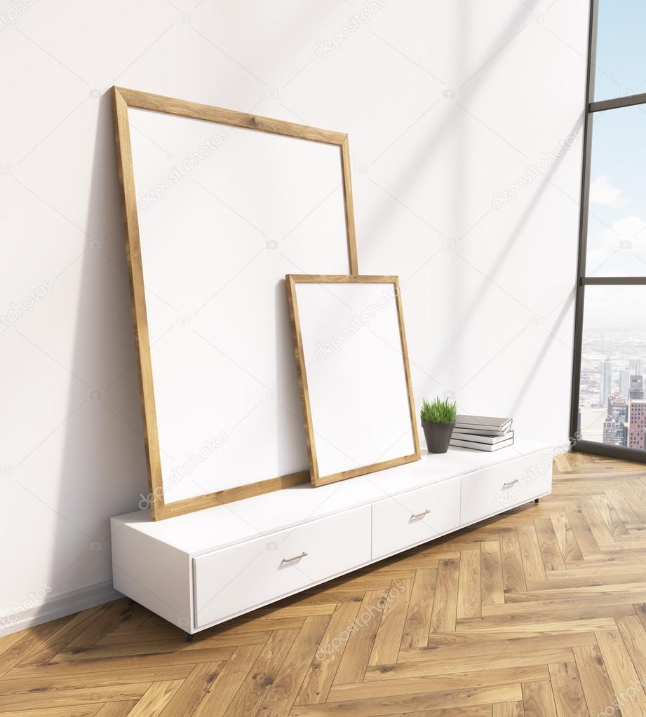 Two Blank Frames On White Floor Shelf White Wall Window To The - Two Blank Frames On White Floor Shelf White Wall Window To The Right two blank frames on white floor shelf white wall window to the - two blank frames on white floor shelf white wall window to the right