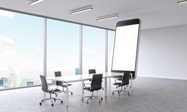 Toplantı salonunun içinde beyaz ekran ile büyük smartphone modeli. Panoramik pencere, şehir manzaralı. Sunu kavramı. Kadar alay et. 3D render