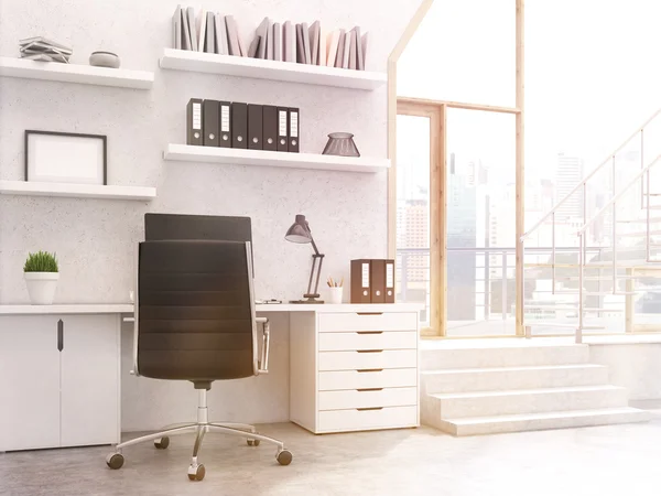 Moderno ufficio interno con scale e vista sulla città. Rendering 3D — Foto Stock