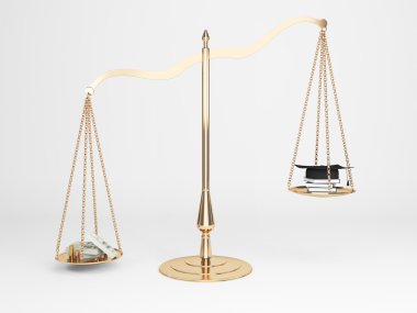 Yolsuzluk kavramı nakit ve adalet üzerine hâkim'in şapka ile ölçekler. 3D render