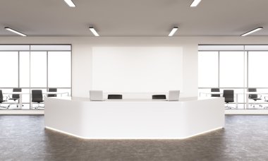 Boş beyaz yayın ve dizüstü bilgisayarlar, duvarın arkasında, windows ve arka plan Toplantı odalarının büyük beyaz tahta. Kavram bulunuyor. Kadar alay et. 3D render