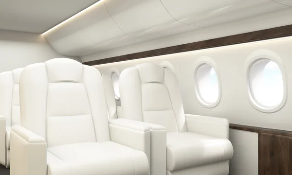 Interior do avião com poltronas de couro branco, inserções de madeira e vários pórticos com vista para o céu. Visão lateral, renderização 3D — Fotografia de Stock