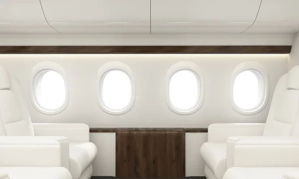 Four portholes in white airplane interior. 3D Rendering — Stock Photo, Image