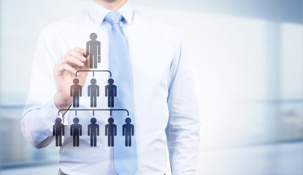 Delegate concept with businessman and employee hierarchy pictogram