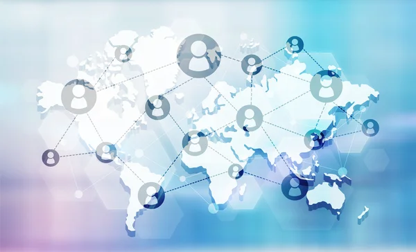 Social network with connected people icons on map. Blue background — Stock Photo, Image