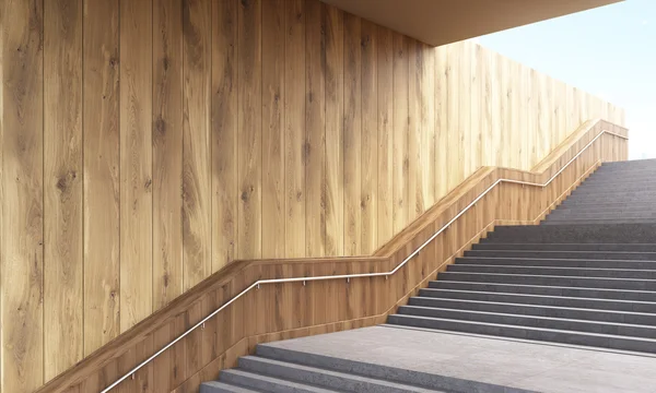 Vista laterale di scala con ringhiera e parete in legno. Rendering 3D — Foto Stock