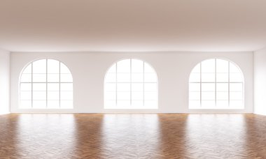 Boş iç ahşap zemin, beyaz duvarlar ve windows gün ışığı alan. 3D render