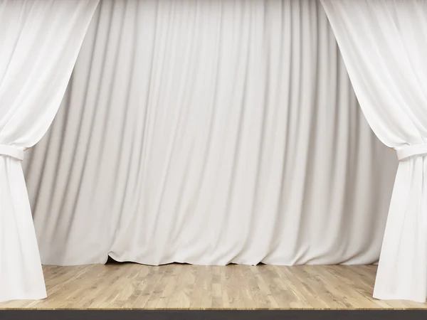 Palcoscenico con tende bianche chiuse. Falsificazione, Rendering 3D — Foto Stock