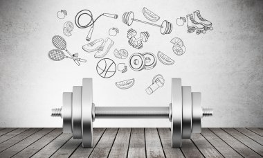 Fitness kavramı ile beton duvara çizim dumbbell ve spor stok. 3D render