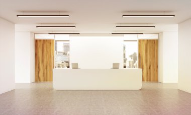 Office lobi iç resepsiyon masası, beton zemin, duvar, ahşap kapılar ve şehir manzaralı. 3D render