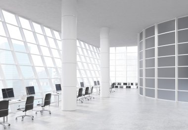 Çeşitli işyerlerinde, sütunlar ve Singapur şehir manzaralı panoramik pencerelere sahip ofis iç coworking. 3D render
