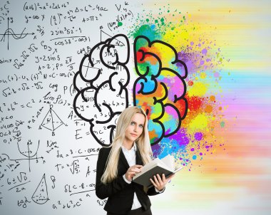 Sağ ve sol hemisfer, yaratıcı ve analitik düşünme kavramı renkli ve matematiksel formül duvarlara bölünmüş arka plan üzerinde işkadını holding kitapla