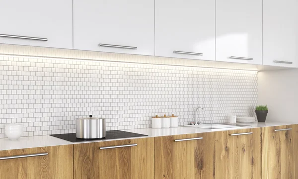 Λευκό και ξύλινο κουζίνα εσωτερικό με μαγείρεμα τηγάνι στη σόμπα, εγκαταστάσεις και άλλα διακοσμητικά στοιχεία. Πλάγια όψη, 3d Rendering — Φωτογραφία Αρχείου