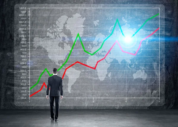 Zakenman kijkend naar grunge muur met verlichte business Chart en kaart. Concept van Global International Business — Stockfoto